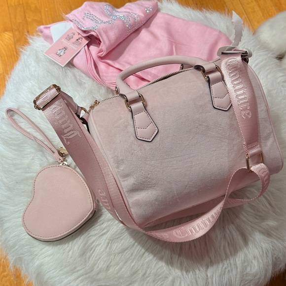 Juicy Couture Light Pink Rhinestone Logo Satchel with Matching Pouch & Scarf - Picture 7 of 9
